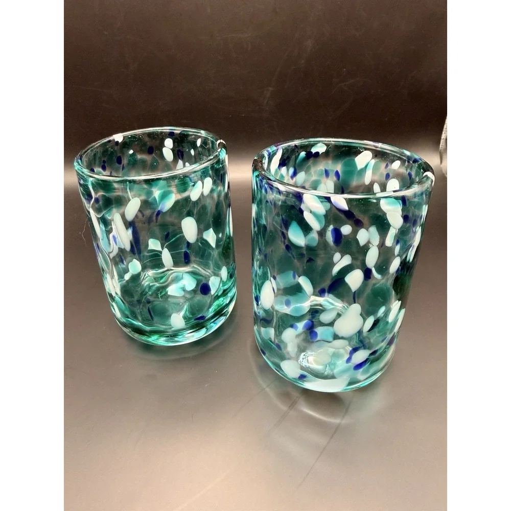 Vintage‎ Hand Blown Art Glass Tumblers Set of 2 Blue Green Confetti Coastal